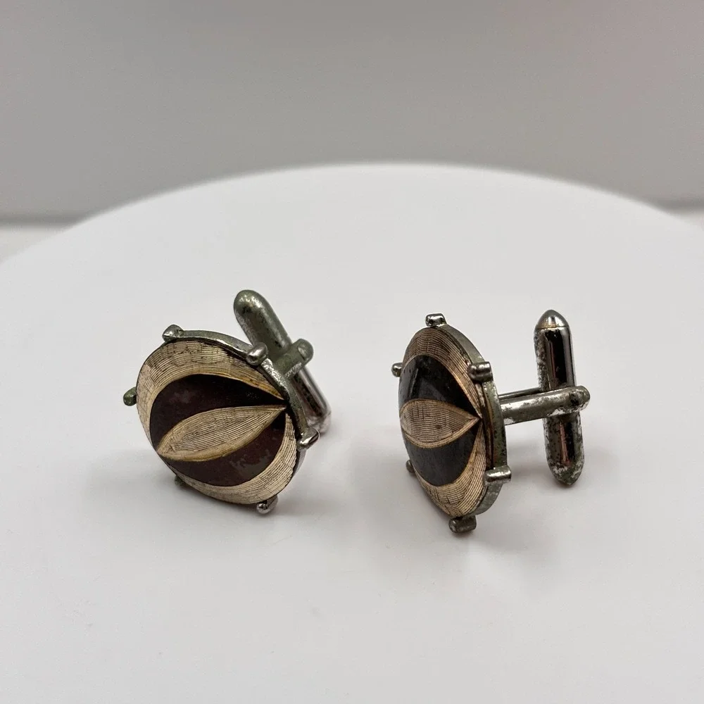 VTG Swank Cufflinks Silver Tone Abstract Leaf Eye Design Mod Mid Century Men's